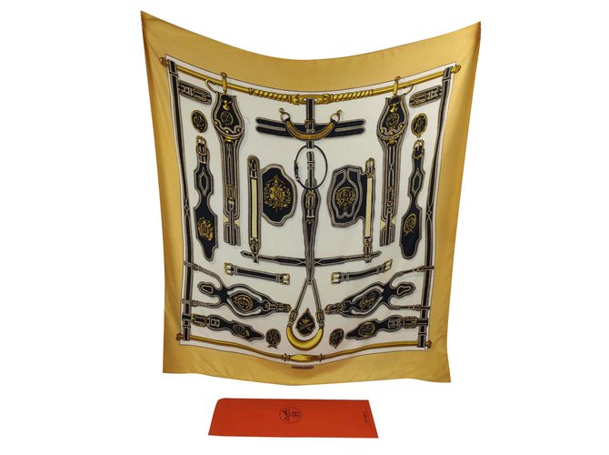 Hermès presidents harness, rare! White Yellow Bronze Silk  ref.194642