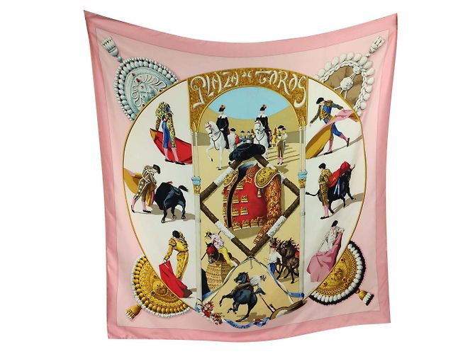 Hermès Plaza de Toros Rosa Rosso Beige D'oro Blu chiaro Seta