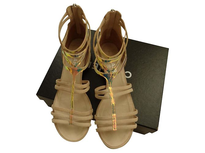 Chanel Flat Sandals Beige Suede