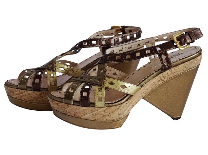 PRADA wedge sandals Metallic Leather  ref.194708