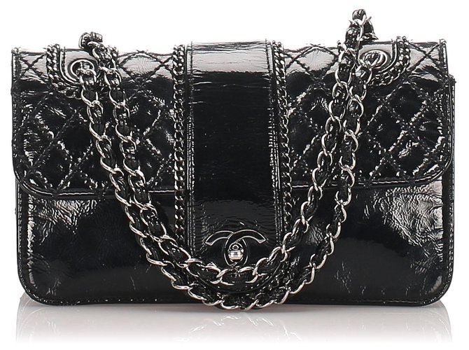 Chanel negro mediano Madison charol bolso de solapa Cuero  ref.194749