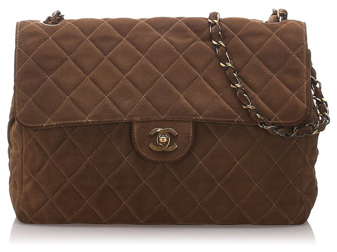 Chanel Brown Classic Jumbo Suede Single Flap Bag Cuir Métal Marron Marron foncé  ref.194756
