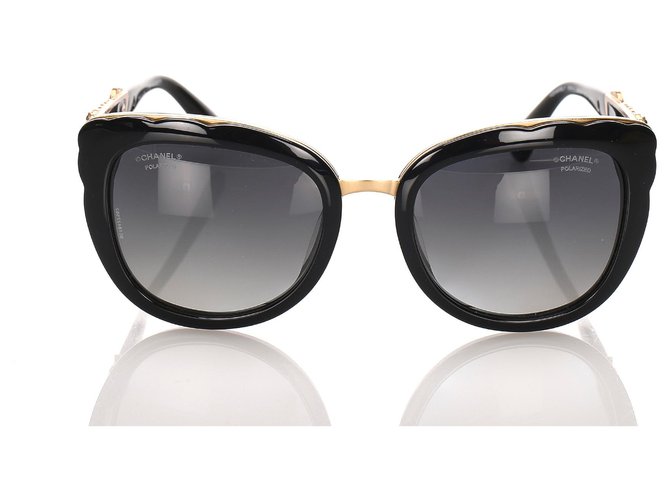 Chanel Black Bijou Cat Eye Tinted Sunglasses Golden Metal Plastic  ref.194767