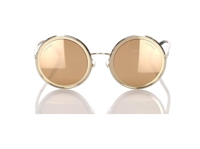 Chanel Gold 18K Round Mirror Sunglasses Golden Metal Plastic  ref.194784
