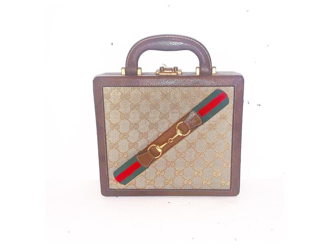 Gucci Vintage Rare Monogram GG Horsebit Web Handbag Brown Beige Leather Cloth  ref.194825