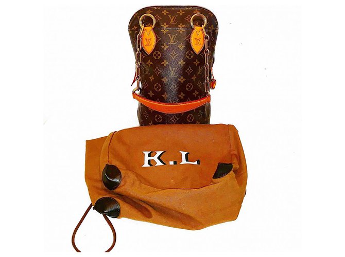 Beverly Louis Vuitton Seltene LV x Karl Lagerfeld Baby Punching Chain Einkaufstasche Braun Leder Leinwand  ref.194828