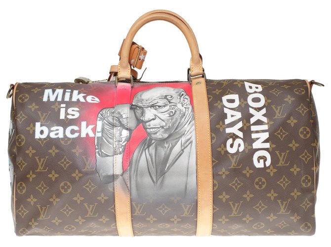 Louis Vuitton Keepall Travel Bag 50 shoulder strap in custom monogram canvas "Mike Tyson Vs Mickey" numbered #64 by PatBo Brown Leather Cloth  ref.194943