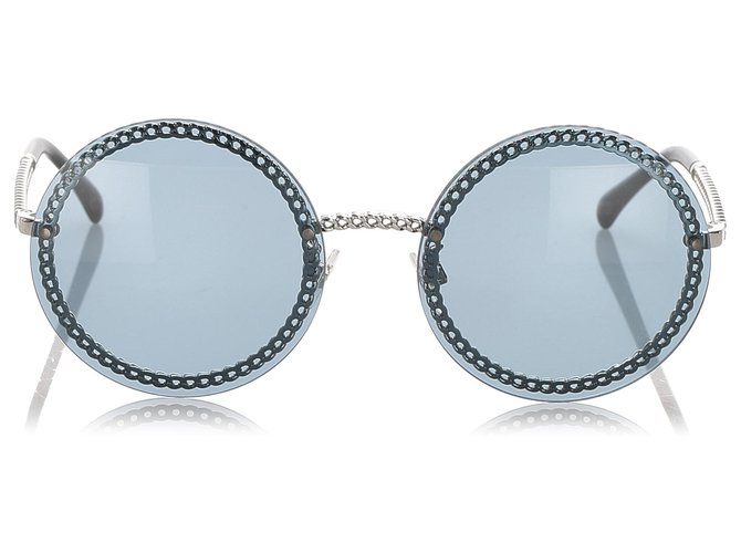 Chanel Blue Chain Runde getönte Sonnenbrille Blau Metall Kunststoff  ref.194949