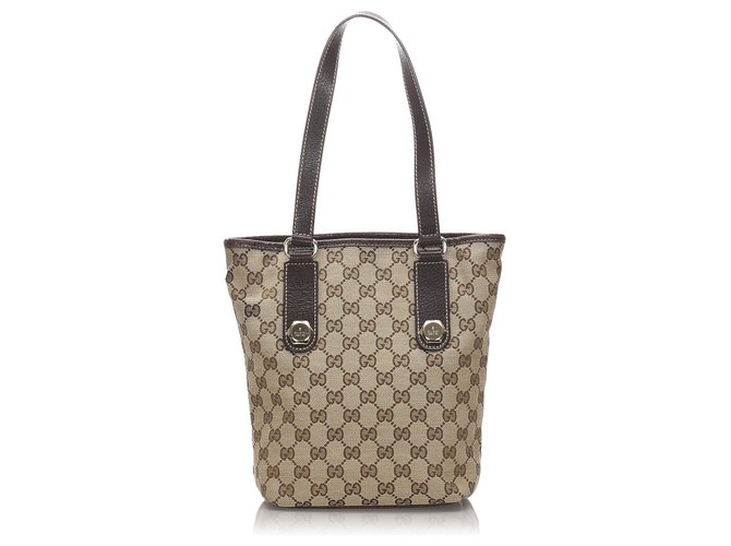 Gucci Brown GG Canvas Tote Bag Beige Dark brown Leather Cloth Pony-style calfskin Cloth  ref.194979