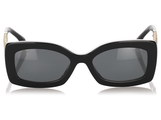 Chanel retângulo preto matizado óculos de sol Dourado Plástico  ref.195001