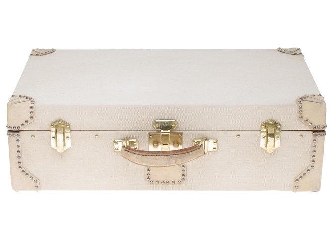 Superb & Rare Hermès bi-material rigid suitcase in canvas and white leather, brass trim Cloth  ref.195069