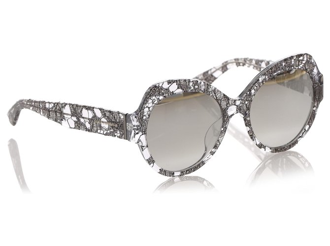 Dolce & Gabbana Dolce&Gabbana Gray Lace Print Round Mirror Sunglasses White  Grey Plastic  - Joli Closet