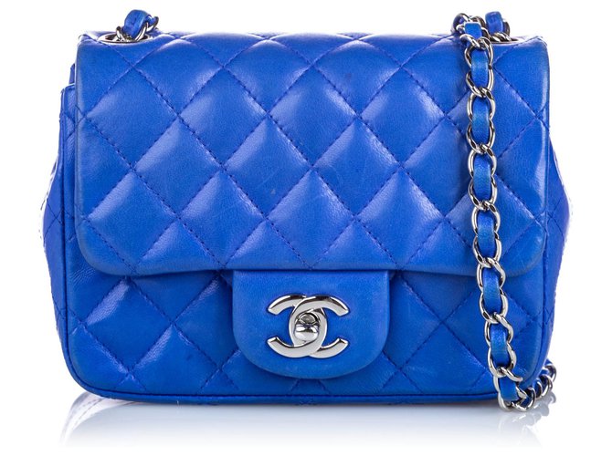Chanel clássico azul mini quadrado de couro de carneiro saco de aba única  ref.195330