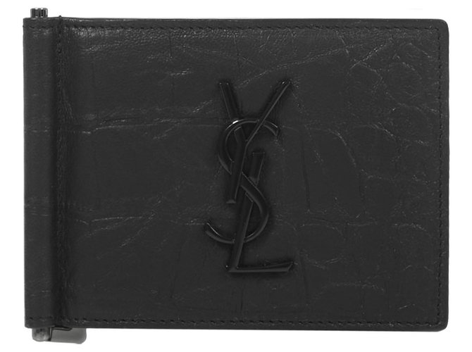 Saint Laurent ICON Porte-cartes en cuir imprimé crocodile noir avec monogramme sur le devant et clip en métal.  ref.195455