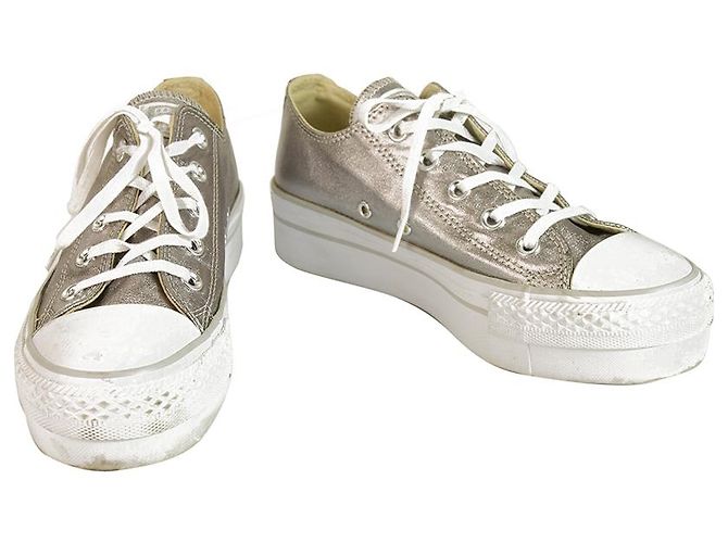 Converse All Star Silver Canvas Platform Sneakers Baskets Chaussures Eur 36.5 US 6