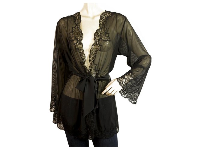 Autre Marque Cotton Club Black Lace Intimate Lingerie Kimono Robe Cardigan Top sz L Lycra  ref.195474