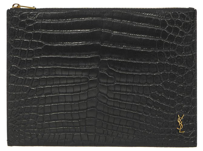 Saint Laurent Monogram Pouch in black embossed crocodile leather closed by zip.  ref.195483