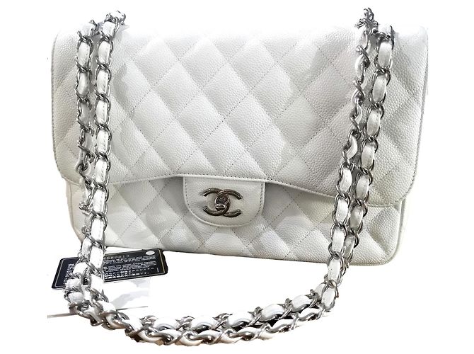 Timeless Borsa a patta Jumbo classica foderata bianca Chanel Bianco