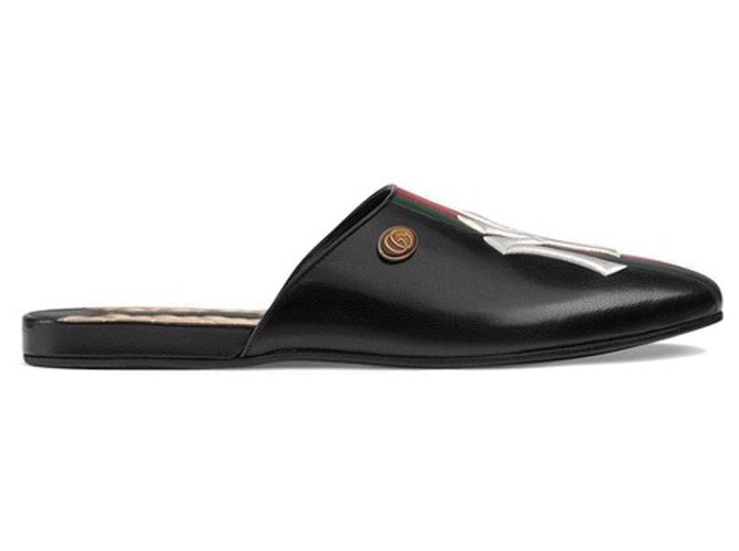 Pantofole Gucci in pelle nera NY Yankees Nero Multicolore Vitello simile a un vitello  ref.195560