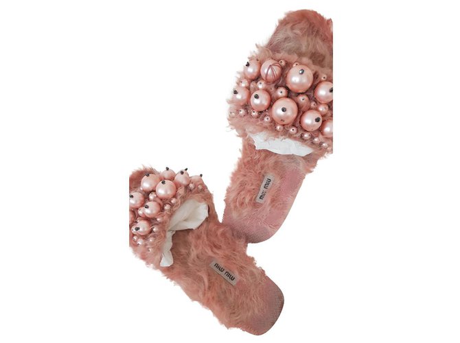 Miu Miu Miumiu pearl fur sandals Pink Leather  ref.195888