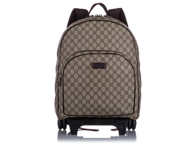 Gucci Brown Kids GG Supreme Rolling Backpack Beige Dark brown Leather Cloth Pony-style calfskin Cloth  ref.195981
