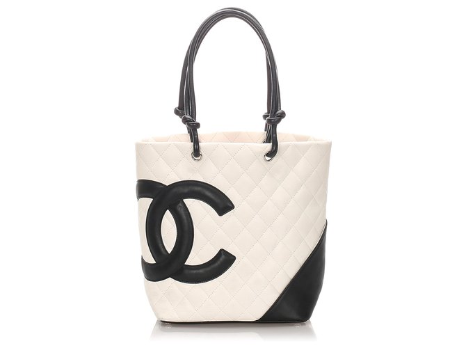 Chanel White Cambon Ligne Einkaufstasche Schwarz Weiß Leder  ref.196000