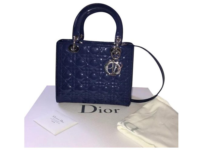 Borsa media Dior Lady Dior Blu Blu scuro Pelle verniciata  ref.196114