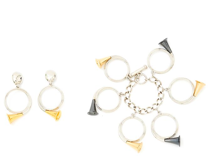 Set Christian Dior Bracciale e Orecchini Corno da Caccia Oro e Argento D'oro