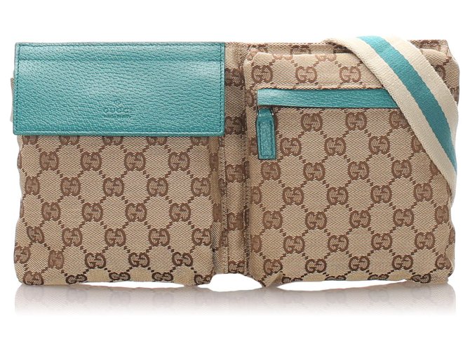 Gucci Brown GG Canvas Belt Bag Blue Beige Leather Cloth Pony-style calfskin Cloth  ref.196475