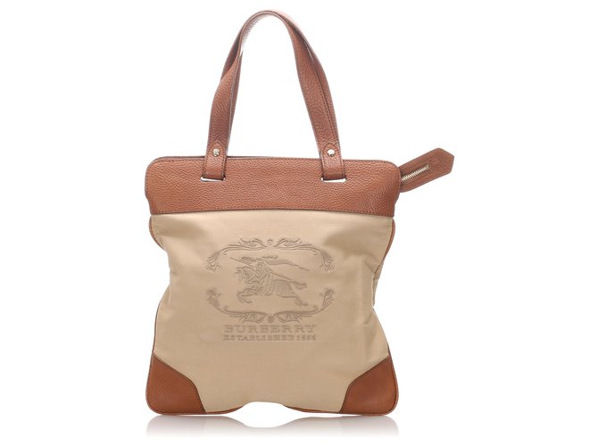 Burberry Brown Canvas Stowell Tote Bag Beige Dark brown Leather Cloth Pony-style calfskin Cloth  ref.196490