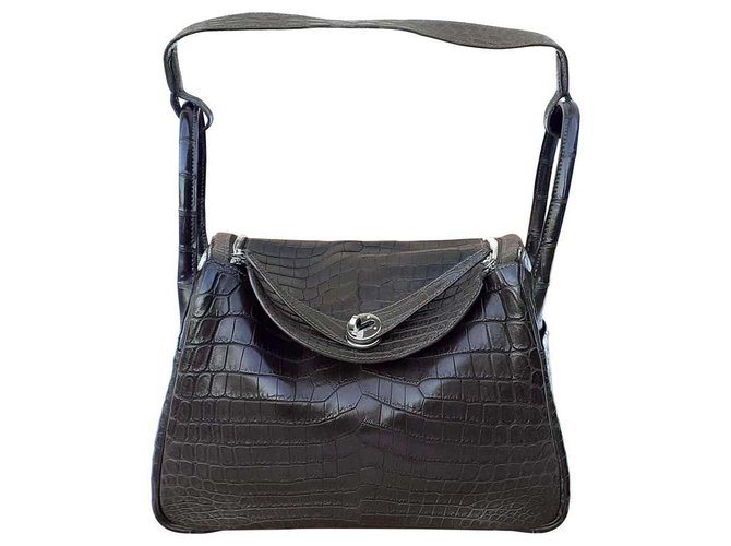 Hermès handbag Lindy Gray Elephant crocodile Phw 30 cm Brown Exotic leather  ref.196715