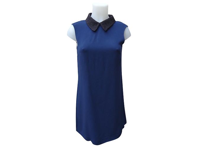 Vestido Miu Miu con Cuello de Encaje Negro Algodón Viscosa Azul