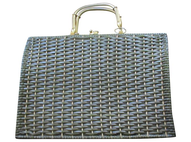 Autre Marque Borsa in vimini kaki con maniglie in metallo oro Cachi