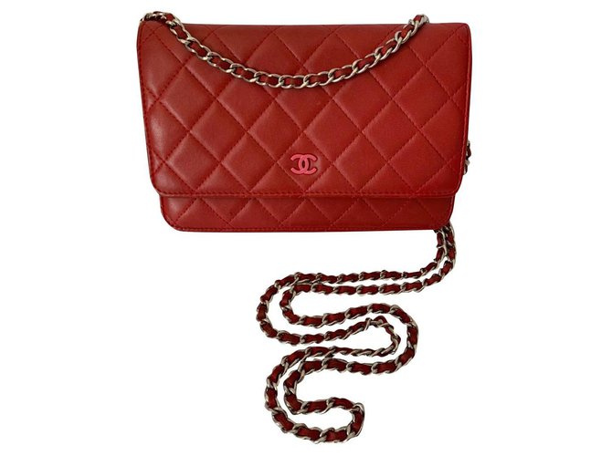 Wallet On Chain Chanel Red Leather  ref.197136