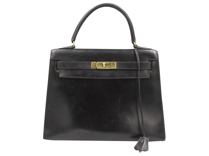 Hermès Vintage Kelly 28 em couro de caixa preta. Preto  ref.197157