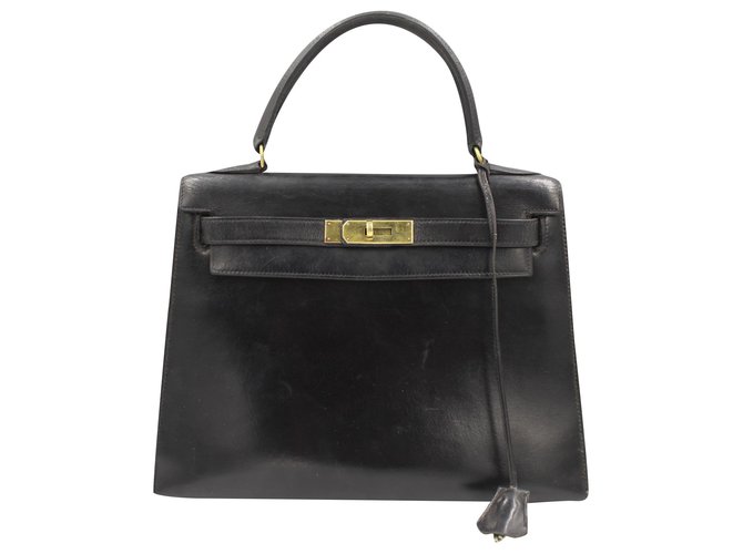 Hermès Vintage Kelly 28 in black box leather. Cuir Noir  ref.197157