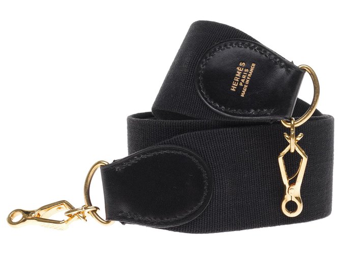 Tracolla modello Hermès in tela e pelle nera, hardware in metallo dorato per borse Hermès Nero  ref.197309