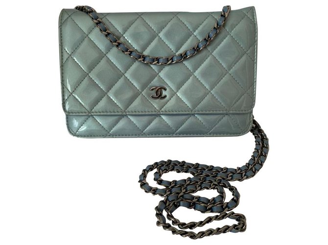 Wallet On Chain Chanel Azul Couro  ref.197325