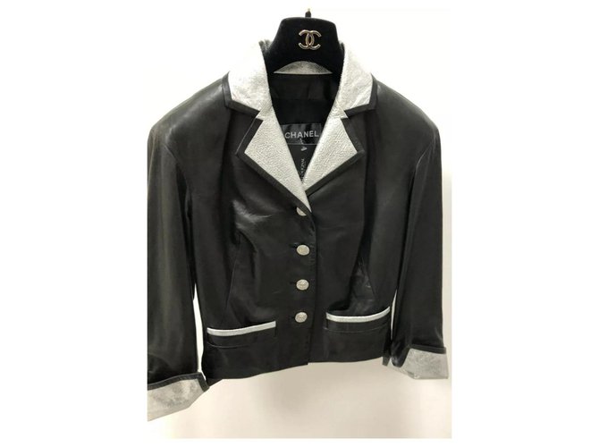 CHANEL Black Silver Leather CC Logo Buttons Jacket Sz.36 Silvery  ref.197374