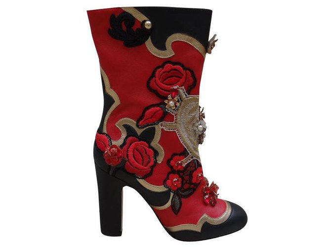 Dolce & Gabbana Botas de tornozelo Preto Vermelho Dourado Couro  ref.197462