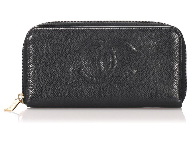 Chanel Black CC Kaviar Reißverschluss um Brieftasche Schwarz Leder  ref.197681