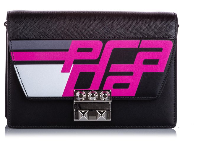 Prada Black Studded Saffiano Racing Logo Crossbody Bag Pink Leather  Pony-style calfskin  - Joli Closet