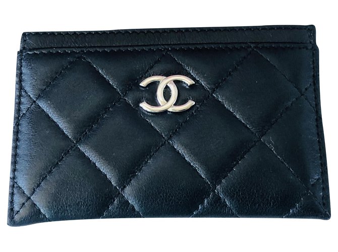 Timeless Chanel card holder Black Silvery Leather  ref.198025
