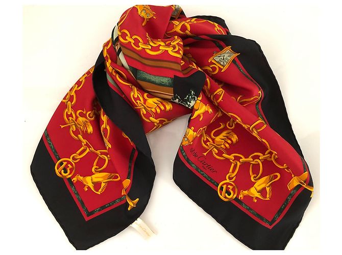 Sciarpa Cartier in seta nero rosso verde 90x90 cm