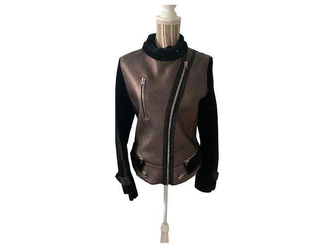 Bomber Giorgio in pelle e pelle di montone nero e bronzo