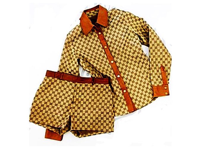 Gucci Vintage seltene Tom Ford Era Monogramm GG & Leder Shirt & Shorts Set Größe 38 Braun Beige Tuch  ref.198406