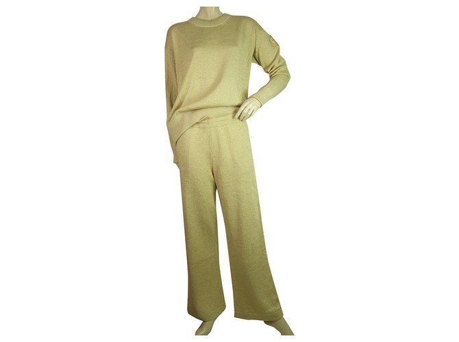 Moncler Gold Metallic Crewneck Long Sleeved Sweatshirt & Pants set Maglia Tricot Girocollo Golden Cotton Viscose  ref.198467