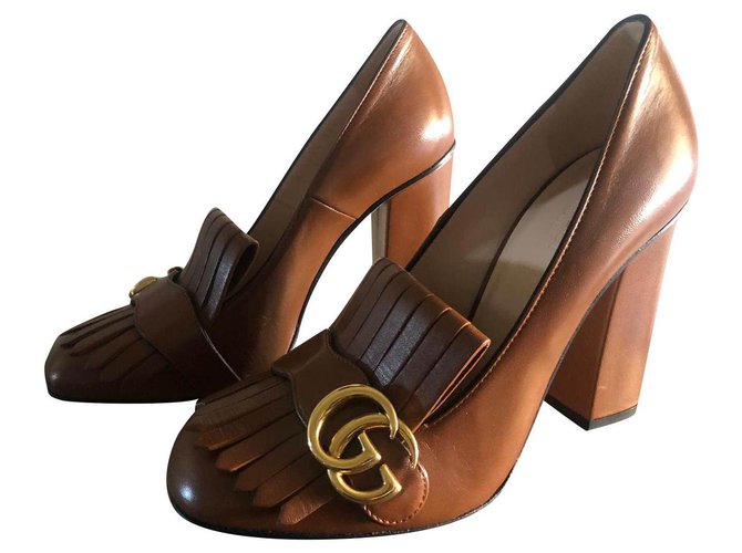 GUCCI MARMONT Leather platform pumps with fringes Brown  ref.198490