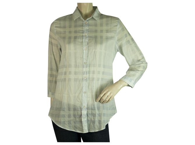 Burberry Brit Blue 3/4 sleeves Signature Check Top Button Down Shirt Blouse sz M Cotton  ref.198719
