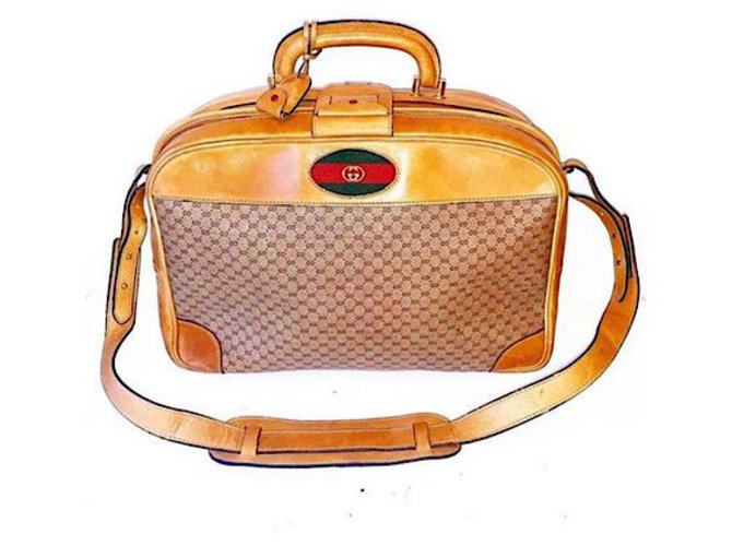 Gucci Vintage Micro GG Canvas & Leather Web Suitcase com alça de ombro Bege Caramelo Couro Pano  ref.198747